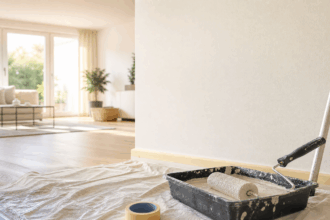 Vorbereitete Malerarbeiten in einem hellen Wohnraum mit Farbrolle und Abdeckung