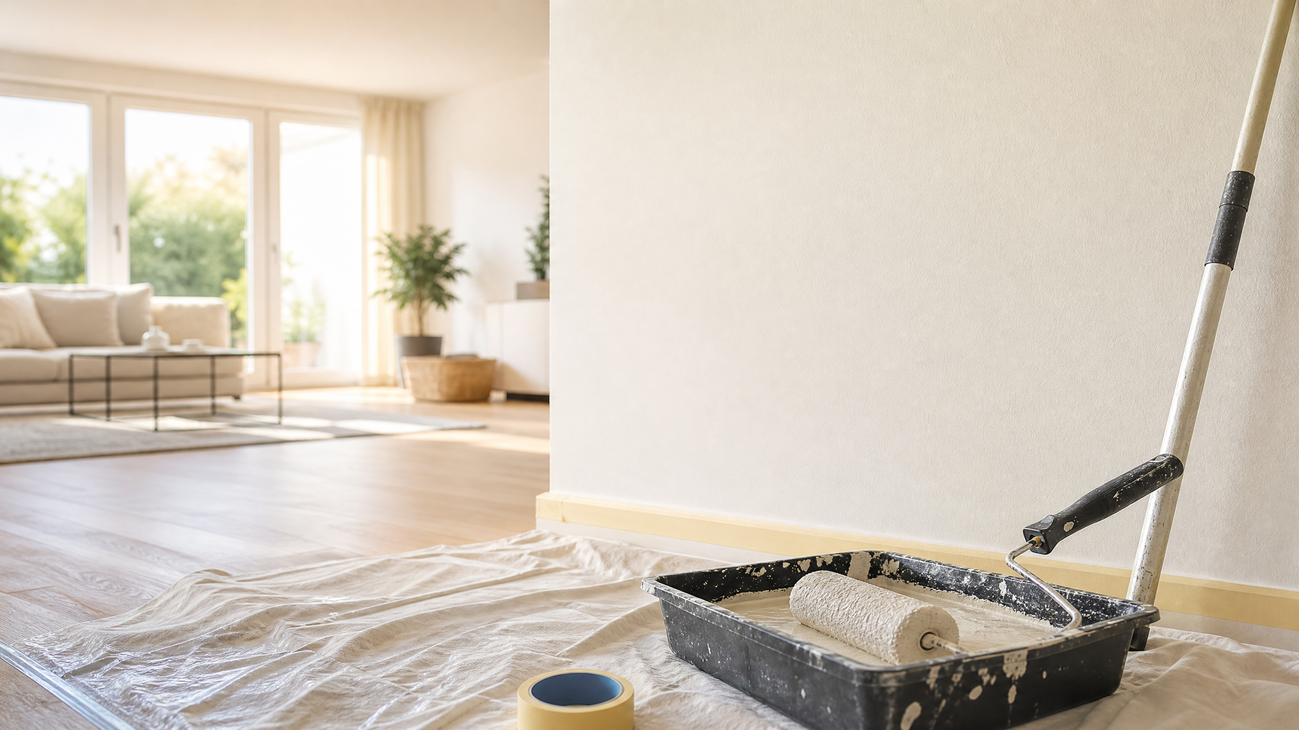 Vorbereitete Malerarbeiten in einem hellen Wohnraum mit Farbrolle und Abdeckung